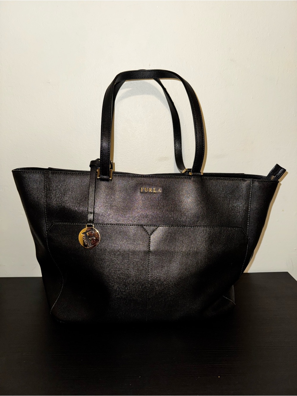 Furla Black Leather Tote with Gold Accent Charm
